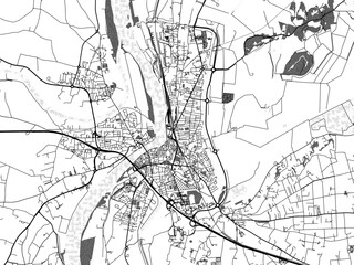 greyscale vector city map of arles in france with with water, fields and parks, and roads on a white
