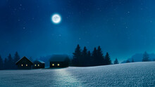 Verschneites Dorf Mit Bleuchteten Fenstern  In Einer Kalten Winternacht