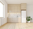 Morning light in a Japandi style kitchen decorated with minimalist cabinetry and terrazzo wall. 3d rendering