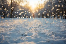 Snowflakes Falling To Snow Ground Warm Morning Light. AI Generative