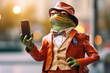 Frog as proud haughty man in fashionable clothes taking selfie with smartphone. Generative AI