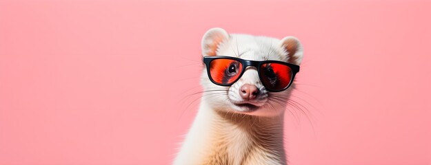 Ferret in sunglass shade on a solid uniform background, editorial advertisement, commercial. Creative animal concept. With copy space for your advertisement