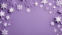 Christmas Flatlay Purple Pastel Background With Paper Cut White And Purple Snowflakes, Copy Space