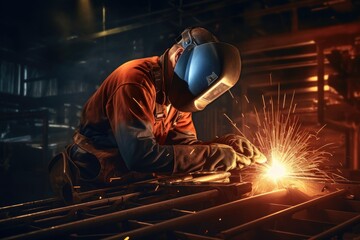 Industrial welder with torch in the factory