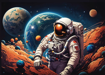 astronaut in space with planetand stars