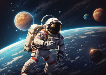 astronaut in space with planetand stars