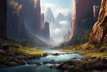 A River Flowing Through A Rocky Gorge Enclosed By Towering Cliffs. Generative AI