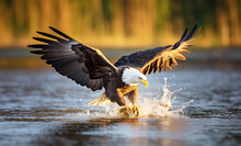 Talon Out Bald Eagle Has Spotted It's Prey While Hunting. Big Splash As Eagle Dives For Fish