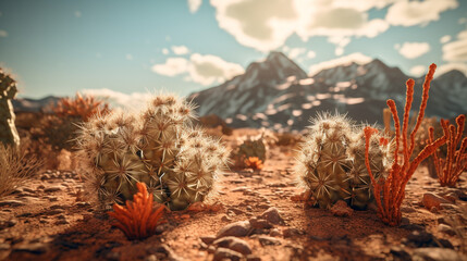 Sticker - daytime sun in desert with cactus, mountains, colors 3d generative ai