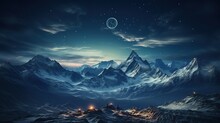 Fantasy Alien Planet. Mountain And Moon