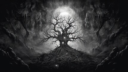 Wall Mural - Dark spooky fantasy forest at night background