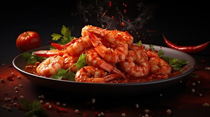 Wall Mural - Delicious prawn shrimps on a plate with fresh hot sauce