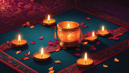 Wall Mural - Happy Diwali - festival of lights colorful poster template design with decorative diya lamp