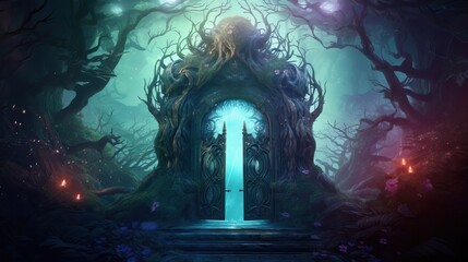 Magic door and gate in the fantasy forest background