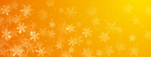 Christmas Background Of Beautiful Complex Big And Small Snowflakes In Yellow Colors. Winter Illustration With Falling Snow