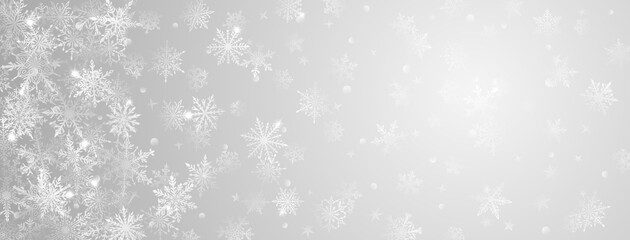 Christmas background of beautiful complex big and small snowflakes in gray colors. Winter illustration with falling snow