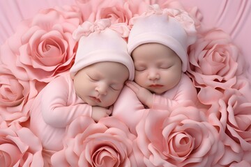 twin newborn baby girls sleeping on pink rose fabric background.