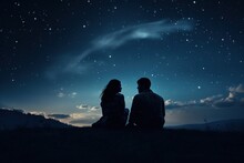 Romantic Couple Silhouetted Against The Night Sky