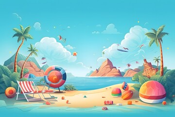 Summer beach holidays vacation background in cartoon style. 