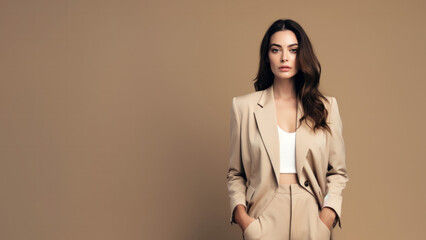 Wall Mural - A young brunette woman in beige clothes stands against a solid beige background. Studio. Isolated beige background.