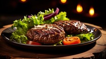 Grilled Meat Burger Patty Served With Fresh Lettuce On A Plate