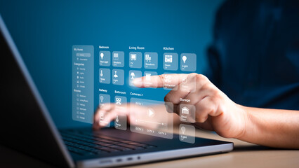 People use computer laptop to manage virtual screen application for control home appliances. Smart intelligence dashboard to connect IoT devices for automation. Assistant house technology management.