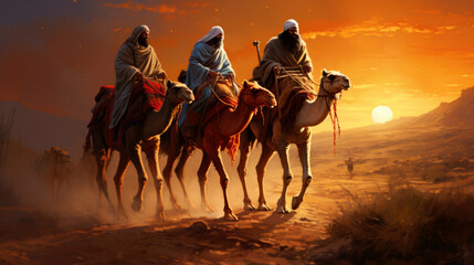 Wall Mural - The Three Wise Men carry gifts through the desert guided by the stars. Christmas concept.