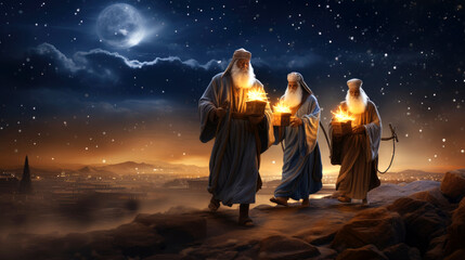 Wall Mural - The Three Wise Men carry gifts through the desert guided by the stars. Christmas concept.