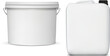 Mock-up of white plastic bucket and canister for water, paints, building materials, chemicals etc.