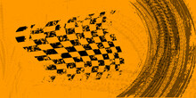 Orange Grungy Background With Black Abstract Tire Tracks And Chess Flag