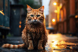 Fototapeta Uliczki - Ginger wet sad stray cat