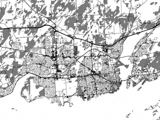 greyscale vector city map of kingston ontario in canada with with water, fields and parks, and roads