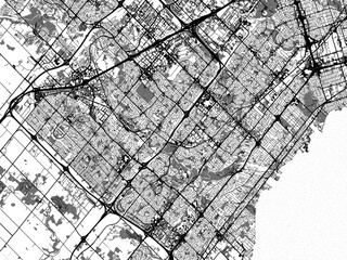 greyscale vector city map of mississauga ontario in canada with with water, fields and parks, and ro