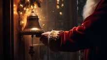 Santas Hand Ringing A Door Bell Of A Rural House Door With Cinematic Light 