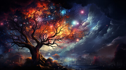 Wall Mural - huge trees of life blend with psychedelic colored galaxies with stars, galaxy clouds 3d generative ai