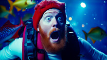 Man With Beard And Red Hat Is Making Surprised Face.