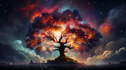 Wall Mural - huge trees of life blend with psychedelic colored galaxies with stars, galaxy clouds 3d generative ai