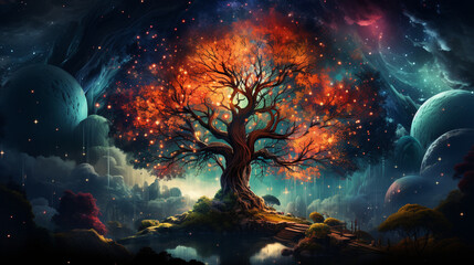 Wall Mural - huge trees of life blend with psychedelic colored galaxies with stars, galaxy clouds 3d generative ai