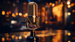 Digital retro microphone on a stand against the background of the club lights. Karaoke, podcasts, recording studio, music background
