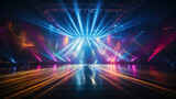 Fototapeta Przestrzenne - Empty night club stage illuminated with red and blue spotlights. Retro dance floor. Scene with laser beams, lamps , disco dancing area interior