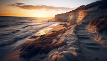 Sandy Beach Next To The Atlantic Ocean, Limestone Cliffs And Ocean Waves At Sunrise On A Winter Day