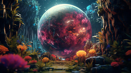 Sticker - incredibly detailed planets, weird and colorful cyberpunk all in psychedelic colors 3d generative ai