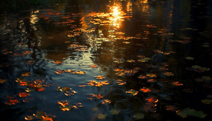 Sticker - Tranquil scene of autumn forest reflected in vibrant pond colors generated by AI