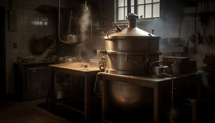 Sticker - Antique stove heats old fashioned kitchen with metal cooking equipment generated by AI