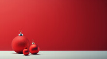 Red Christmas Balls On The White Table With Red Background, Minimal Photo With Copy Space 
