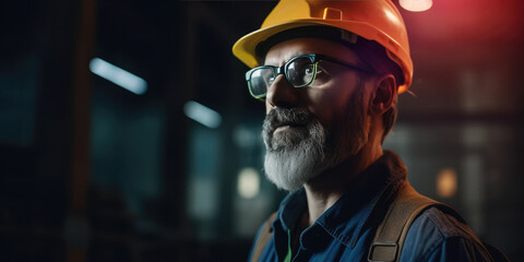 Wall Mural - Man Engineer, Builder, Manager, Inspector, Construction Worker. Portrait of a Male in a Construction Hard Hat or protective helmet at a construction site or factory