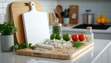 Wall Mural - Close up chopping or cutting wooden board with vegetables on the table, day light kitchen interior, indoor background with copy space.