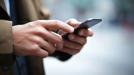 Close up of a man using mobile smart phone 