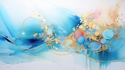 Wall Mural -  a painting of blue and yellow bubbles and gold lines on a white background.  generative ai