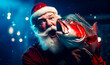Man in santa claus hat is holding fish in his mouth.
